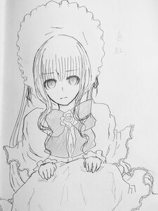 Rating: Safe Score: 0 Tags: 1girl auto_tagged bonnet capelet dress flower frills greyscale image long_hair long_sleeves looking_at_viewer monochrome rose shinku solo User: admin