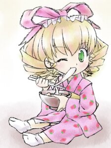 Rating: Safe Score: 0 Tags: 1girl blonde_hair bow bowl chibi chopsticks drill_hair eating food full_body green_eyes hina_ichigo hinaichigo image japanese_clothes kimono mochi one_eye_closed pink_bow pink_kimono sitting socks solo User: admin