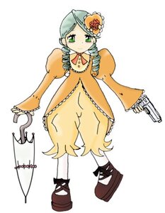 Rating: Safe Score: 0 Tags: 1girl closed_umbrella dress drill_hair frills full_body green_eyes green_hair gun holding image kanaria long_sleeves simple_background sleeves_past_wrists solo standing twin_drills umbrella weapon white_background white_legwear yellow_dress User: admin