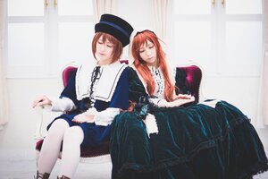 Rating: Safe Score: 0 Tags: 2girls blue_dress brown_hair closed_eyes dress hat long_hair long_sleeves multiple_cosplay multiple_girls pantyhose short_hair siblings sisters sitting souseiseki striped tagme twins white_legwear User: admin