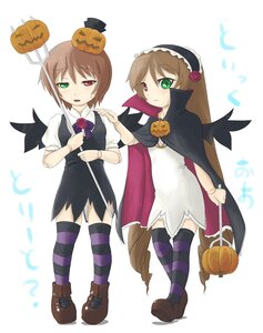 Rating: Safe Score: 0 Tags: 2girls brown_hair dress food green_eyes halloween heterochromia image jack-o'-lantern lantern long_hair multiple_girls pair pumpkin pumpkin_hair_ornament red_eyes short_hair siblings sisters souseiseki spoken_squiggle squiggle striped striped_legwear suiseiseki thighhighs trick_or_treat twins wings User: admin