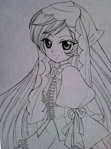Rating: Safe Score: 0 Tags: 1girl bow dress greyscale image long_hair looking_at_viewer monochrome puffy_short_sleeves puffy_sleeves ribbon short_sleeves smile solo suiseiseki traditional_media very_long_hair User: admin