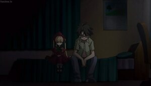 Rating: Safe Score: 0 Tags: 1boy 1girl black_hair black_pants blonde_hair dark dress glasses hood image indoors long_hair long_sleeves pants shinku shirt sitting solo User: admin