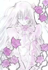 Rating: Safe Score: 0 Tags: 1girl barasuishou bow dress flower frills image long_hair long_sleeves looking_at_viewer pink_rose purple_flower purple_rose purple_theme rose solo suigintou traditional_media User: admin