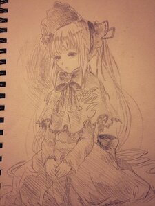 Rating: Safe Score: 0 Tags: 1girl bonnet bow dress image long_hair long_sleeves looking_at_viewer monochrome shinku simple_background solo traditional_media twintails very_long_hair User: admin