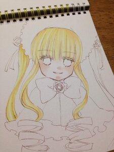 Rating: Safe Score: 0 Tags: 1girl bangs blonde_hair bonnet bow bowtie closed_mouth dress drill_hair eyebrows_visible_through_hair flower image long_hair long_sleeves looking_at_viewer marker_(medium) photo rose shinku simple_background smile solo traditional_media twin_drills upper_body watercolor_(medium) white_background User: admin