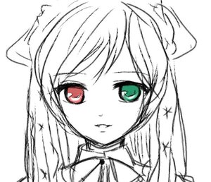 Rating: Safe Score: 0 Tags: 1girl image long_hair looking_at_viewer monochrome red_eyes ribbon simple_background solo spot_color suiseiseki white_background User: admin