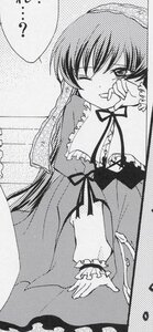 Rating: Safe Score: 0 Tags: 1girl blush comic dress greyscale halftone image long_hair long_sleeves monochrome one_eye_closed ribbon solo suiseiseki User: admin