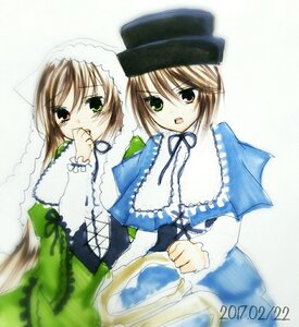 Rating: Safe Score: 0 Tags: 2girls black_ribbon blue_dress brown_hair dress frills green_dress green_eyes hat head_scarf image long_sleeves looking_at_viewer m1umr multiple_girls open_mouth pair ribbon siblings sisters souseiseki suiseiseki top_hat twins User: admin