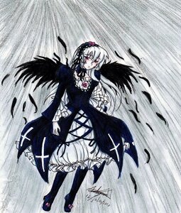 Rating: Safe Score: 0 Tags: 1girl black_wings dress feathers flower frills full_body hairband image long_hair long_sleeves looking_at_viewer rose signature solo standing suigintou wings User: admin