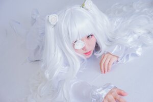 Rating: Safe Score: 0 Tags: 1girl bangs closed_mouth eyelashes eyepatch flower hair_flower hair_ornament kirakishou lips long_hair long_sleeves looking_at_viewer red_lips rose solo sweater upper_body white_flower white_hair white_rose white_theme User: admin