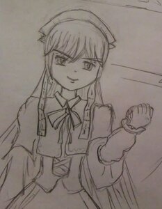 Rating: Safe Score: 0 Tags: 1girl apron clenched_hand dress greyscale hat image long_hair looking_at_viewer maid monochrome ribbon smile solo suiseiseki traditional_media User: admin