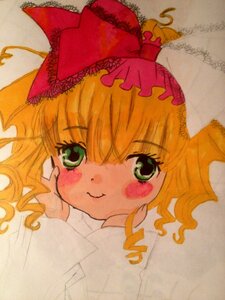 Rating: Safe Score: 0 Tags: 1girl :3 bangs blonde_hair blush bow eyebrows_visible_through_hair green_eyes hina_ichigo hinaichigo image looking_at_viewer lying photo portrait simple_background smile solo traditional_media User: admin