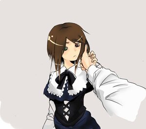 Rating: Safe Score: 0 Tags: 1boy brown_hair dress green_eyes heterochromia image long_sleeves out_of_frame pov ribbon simple_background solo solo_focus souseiseki User: admin