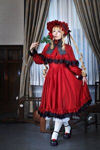 Rating: Safe Score: 0 Tags: 1girl black_footwear blonde_hair blue_eyes bonnet bow curtains dress flower full_body indoors lolita_fashion long_hair long_sleeves looking_at_viewer pantyhose red_dress rose shinku shoes solo standing white_legwear window User: admin