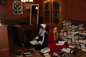 Rating: Safe Score: 0 Tags: 2girls blonde_hair book book_stack bookshelf closed_eyes dress indoors long_hair long_sleeves multiple_cosplay multiple_girls shoes sitting tagme User: admin