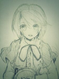Rating: Safe Score: 0 Tags: 1girl :d eyebrows_visible_through_hair holding image long_sleeves looking_at_viewer monochrome open_mouth short_hair smile solo souseiseki traditional_media upper_body User: admin