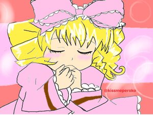 Rating: Safe Score: 0 Tags: 1girl blonde_hair blush bow closed_eyes dress drill_hair frills hat hina_ichigo hinaichigo image long_sleeves pink_background pink_bow pink_headwear solo upper_body User: admin