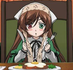Rating: Safe Score: 0 Tags: 1girl blush brown_hair dress eating food food_on_face fork green_eyes head_scarf heterochromia holding holding_fork image knife long_hair long_sleeves plate red_eyes rice solo suiseiseki table User: admin