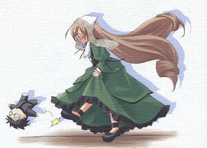 Rating: Safe Score: 0 Tags: 1boy 1girl apron blush brown_hair chibi closed_eyes dress green_dress image long_hair long_sleeves open_mouth solo suiseiseki very_long_hair User: admin