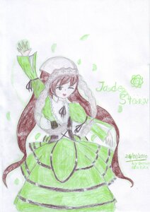 Rating: Safe Score: 0 Tags: 1girl brown_eyes brown_hair dress flower green_dress hat image long_hair long_sleeves one_eye_closed open_mouth ribbon rose solo suiseiseki very_long_hair User: admin