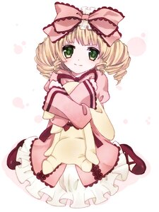 Rating: Safe Score: 0 Tags: 1girl blonde_hair blush bow dress drill_hair frills full_body green_eyes hair_bow hina_ichigo hinaichigo image long_sleeves looking_at_viewer mary_janes pink_bow pink_dress shoes short_hair sitting smile solo twin_drills white_legwear User: admin