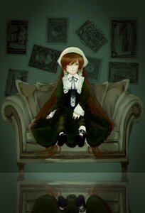 Rating: Safe Score: 0 Tags: 1girl brown_hair dress green_eyes hair_over_one_eye image long_sleeves sitting solo suiseiseki User: admin