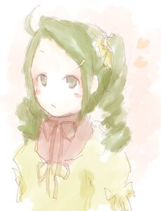 Rating: Safe Score: 0 Tags: 1girl ahoge blush bow dress green_eyes green_hair heart image kanaria looking_at_viewer ribbon solo striped vertical_stripes User: admin