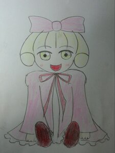 Rating: Safe Score: 0 Tags: :d blonde_hair blush dress green_eyes grey_background hinaichigo image looking_at_viewer neck_ribbon open_mouth photo simple_background smile solo standing traditional_media User: admin