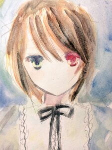 Rating: Safe Score: 0 Tags: 1girl bangs black_neckwear black_ribbon brown_hair closed_mouth frills hair_between_eyes hariruri heterochromia image looking_at_viewer neck_ribbon red_eyes ribbon short_hair solo souseiseki traditional_media upper_body watercolor_(medium) User: admin