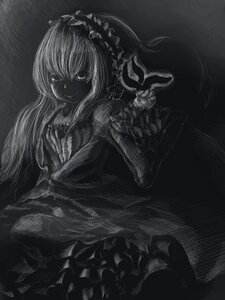 Rating: Safe Score: 0 Tags: 1girl dress greyscale hairband horror_(theme) image kagiyama_hina long_hair looking_at_viewer monochrome smile solo suigintou User: admin
