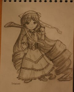Rating: Safe Score: 0 Tags: 1girl bonnet brown_background dress drill_hair frills full_body head_scarf image long_hair looking_at_viewer monochrome photo simple_background smile solo standing suiseiseki traditional_media very_long_hair User: admin