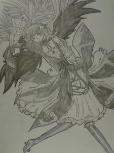 Rating: Safe Score: 0 Tags: akemi_homura bow dress frills graphite_(medium) greyscale image long_hair monochrome multiple_girls solo suigintou traditional_media wings User: admin