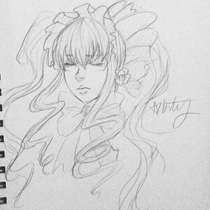 Rating: Safe Score: 0 Tags: 1girl bow graphite_(medium) greyscale image long_hair monochrome photo shinku signature sketch solo traditional_media User: admin
