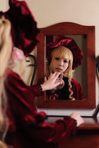 Rating: Safe Score: 0 Tags: 2girls blonde_hair blue_eyes blurry blurry_background blurry_foreground bonnet depth_of_field dress figure hat lips long_sleeves motion_blur multiple_girls photo realistic reflection shinku sitting solo solo_focus User: admin
