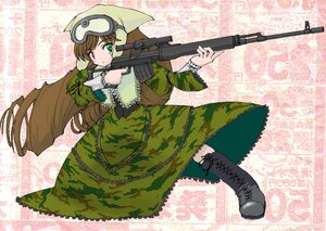 Rating: Safe Score: 0 Tags: 1girl boots brown_hair dress drill_hair green_eyes gun heterochromia image long_hair machine_gun red_eyes rifle solo suiseiseki weapon User: admin