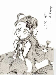 Rating: Safe Score: 0 Tags: 1girl ahoge eating food greyscale hair_ornament image kanaria long_sleeves monochrome sitting solo User: admin