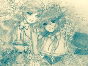 Rating: Safe Score: 0 Tags: 2girls bow flower hair_flower hair_ornament image long_hair monochrome multiple_girls open_mouth pair smile souseiseki suiseiseki traditional_media usami_renko User: admin