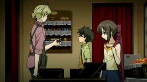 Rating: Safe Score: 0 Tags: apron black_hair enju human indoors kashiwaba_tomoe multiple ponytail sakurada_jun screenshot shirt sitting tagme User: admin