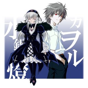 Rating: Safe Score: 0 Tags: 1boy 1girl back-to-back boots dress frills hairband image long_hair long_sleeves red_eyes rose silver_hair smile solo suigintou wings User: admin