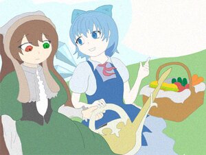 Rating: Safe Score: 0 Tags: 2girls blue_dress blue_eyes blue_hair bow brown_hair cirno dress green_dress green_eyes hat heterochromia holding_hands image long_hair multiple_girls neck_ribbon red_eyes short_hair smile solo suiseiseki wings User: admin