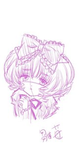 Rating: Safe Score: 0 Tags: 1girl bangs blood bow eyebrows_visible_through_hair hinaichigo image looking_at_viewer monochrome signature sketch smile solo striped tears vertical_stripes User: admin