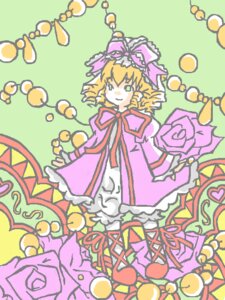 Rating: Safe Score: 0 Tags: 1girl blonde_hair bow color_guide dango dress flower frills full_body green_eyes hina_ichigo hinaichigo image long_sleeves pink_bow sanshoku_dango short_hair smile solo wagashi User: admin