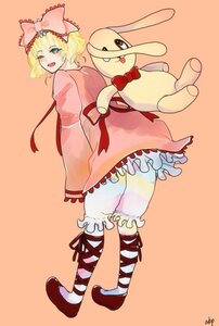 Rating: Safe Score: 0 Tags: 1girl blonde_hair bloomers bow dress frills green_eyes hair_bow hina_ichigo hinaichigo image orange_background pink_bow ribbon short_hair smile solo striped stuffed_animal underwear white_bloomers User: admin