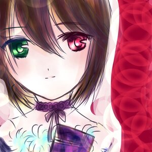 Rating: Safe Score: 0 Tags: 1girl brown_hair choker close-up eyebrows_visible_through_hair green_eyes hair_between_eyes hariruri image looking_at_viewer short_hair solo souseiseki User: admin