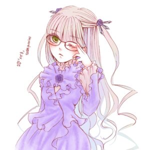 Rating: Safe Score: 0 Tags: 1girl adjusting_eyewear barasuishou blue_rose bow character_name dress flower frills glasses green_eyes image long_hair long_sleeves ribbon rose solo striped very_long_hair User: admin