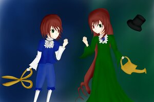 Rating: Safe Score: 0 Tags: 2girls blue_dress brown_hair dress green_dress green_eyes hat hat_removed headwear_removed heterochromia holding image long_sleeves looking_at_viewer multiple_girls pair red_eyes scissors short_hair siblings sisters souseiseki suiseiseki twins User: admin