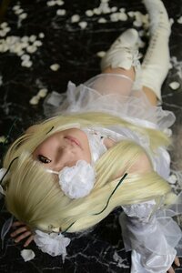 Rating: Safe Score: 0 Tags: 1girl bangs blonde_hair blurry dress flower frills hair_over_one_eye kirakishou lace lips looking_at_viewer solo white_dress User: admin