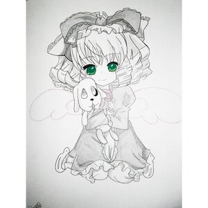 Rating: Safe Score: 0 Tags: 1girl artist_name blush bow dress frills green_eyes hair_bow heart hina_ichigo hinaichigo image kagiyama_hina long_sleeves looking_at_viewer monochrome shikishi smile solo spot_color stuffed_animal stuffed_bunny traditional_media wings User: admin