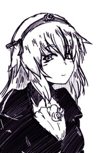 Rating: Safe Score: 0 Tags: 1girl closed_mouth flower greyscale image komeiji_satori monochrome rose simple_background solo suigintou upper_body white_background User: admin